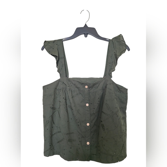 LC Lauren Conrad Eyelet Crop Top OliveGreen Button Front Ruffle Strap NWT medium - Picture 2 of 7